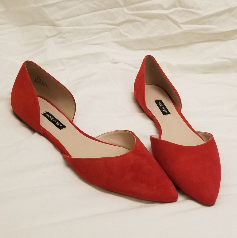 Nine West cherry red suede pointed flats, size 8.5